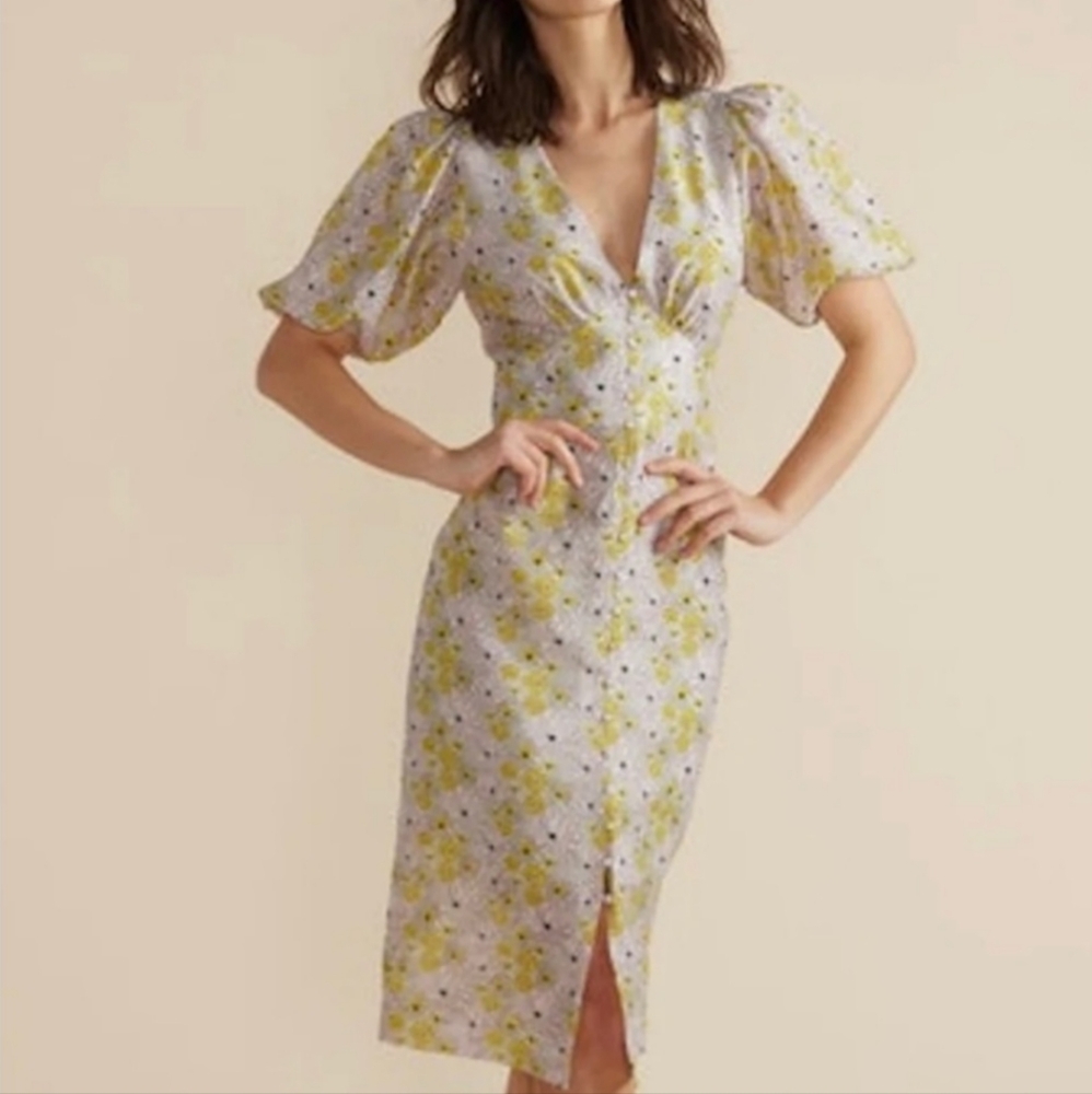 MINKPINK Yellow and White Sheath Dress with Puff Sleeves and Slit